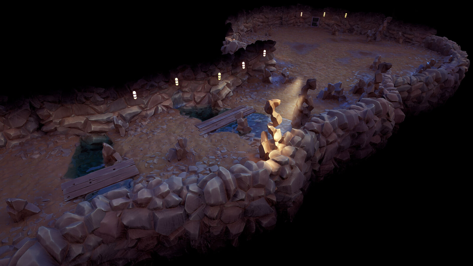The little stream, bridge and wall lights are an extra blueprint that interacts with the PCG parts