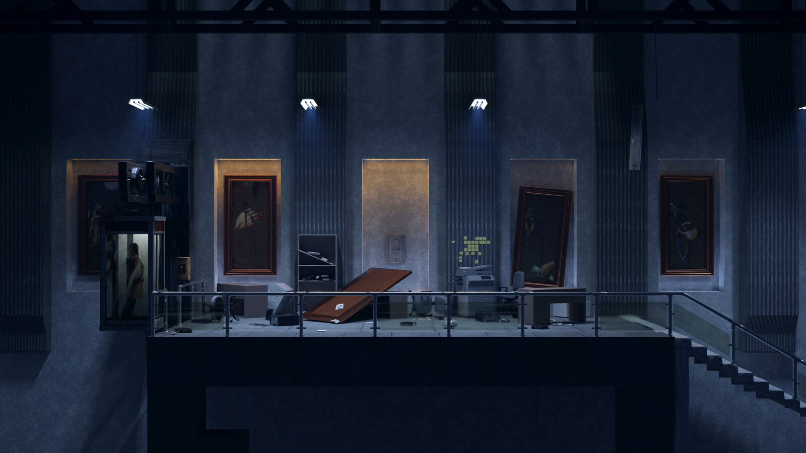 Concept, level art for a specific office theme in the style of brutalism, monumentalism