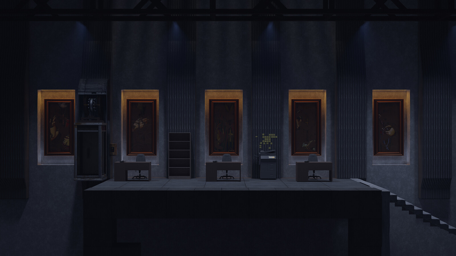 Adding themed paintings, elevator parts, and overhead lighting