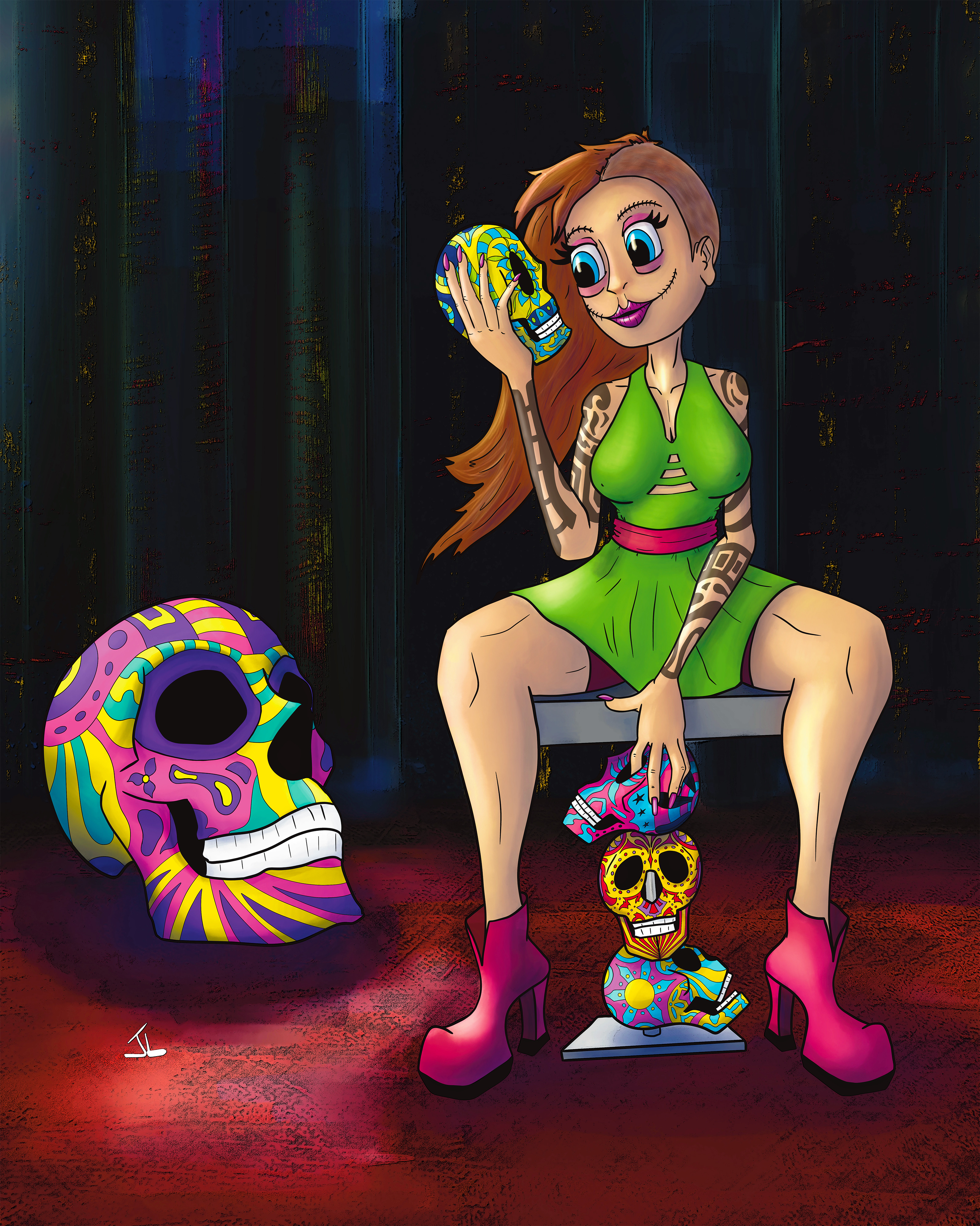 In 2023, I worked on a series of pinup style illustrations which included this character. I ended up calling it "Candy Skulls" but the original working title was Giant Slayer on account of that giant skull in the background. 