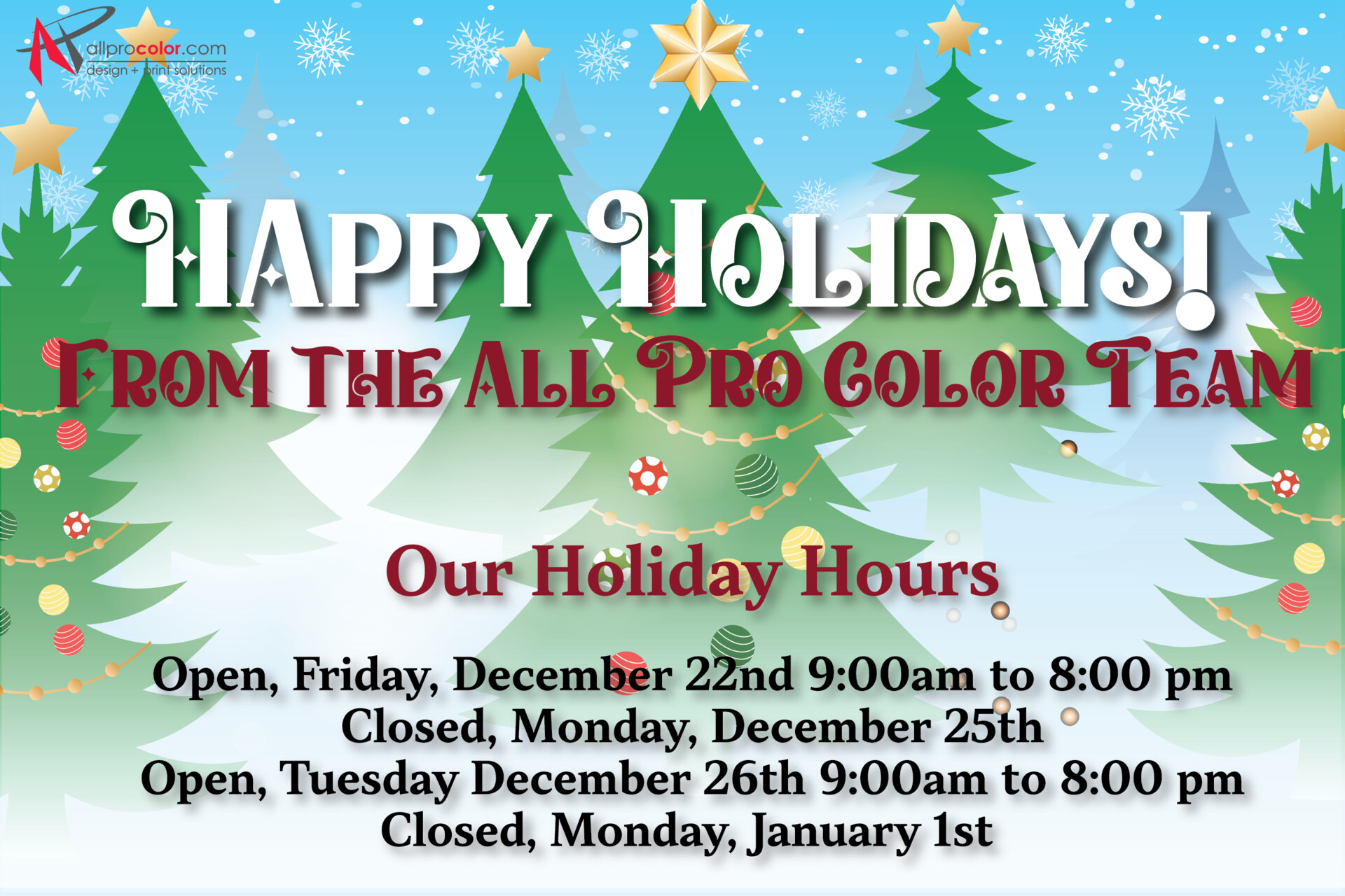 ArtStation All Pro Color Closing Sign Christmas 2023 & New Years 2024