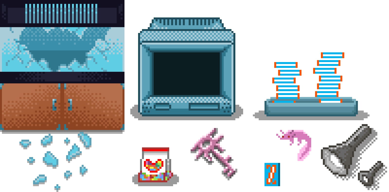 Aquarium tank, CRT TV, stack of VHS tape cases, a bag of jelly beans, an axolotl key and toy, a singular vhs tape box, and two flashlight sprites: a smaller sprite at the player scale, and a bigger sprite for the inventory.