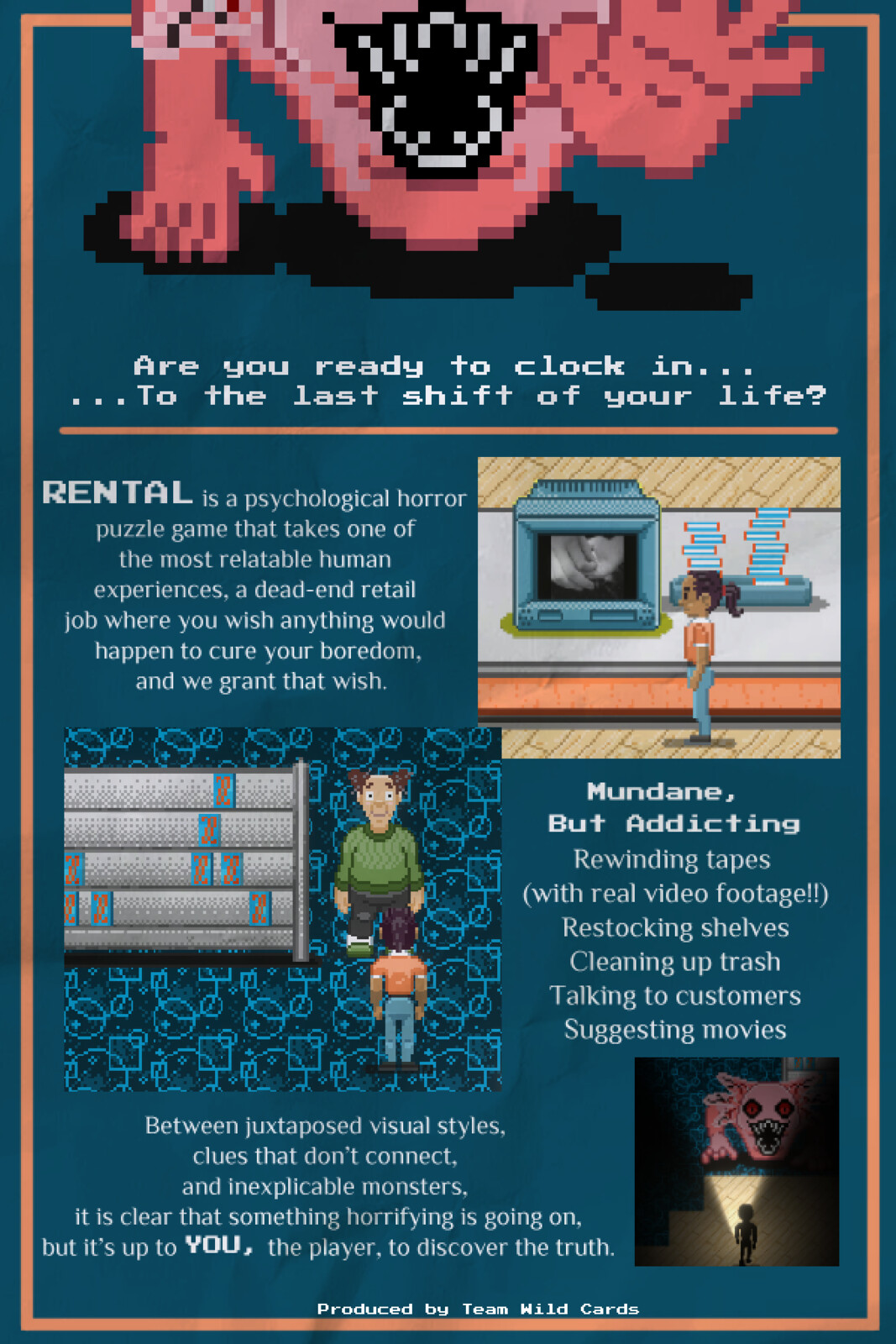 An example of a one page newsletter or possible dev log template for distribution to the community and press. Made to look like the back of a retro VHS tape cover.