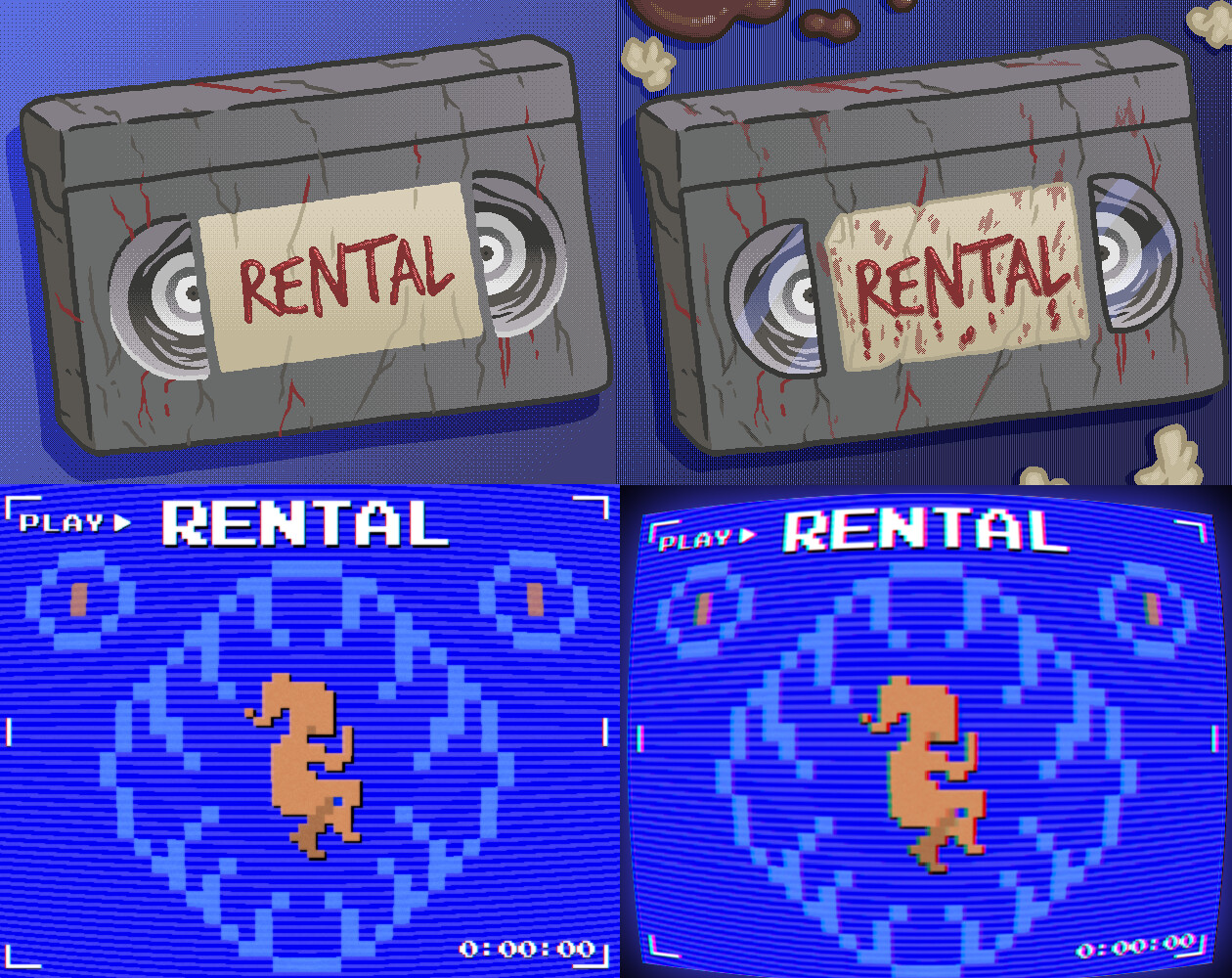 Title thumbnail variations. My first version, top left, felt a bit too bland, without communicating the horror or setting of the game enough, leading to the right. The bottom thumbnails referenced VHS screens, as well as the game's retro pixel art style. 