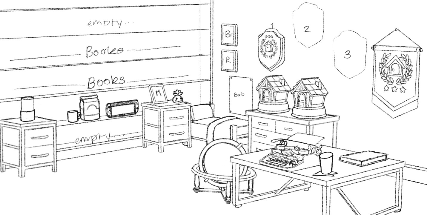 My sketch of the room, including a few additions (like the bookshelf wall)