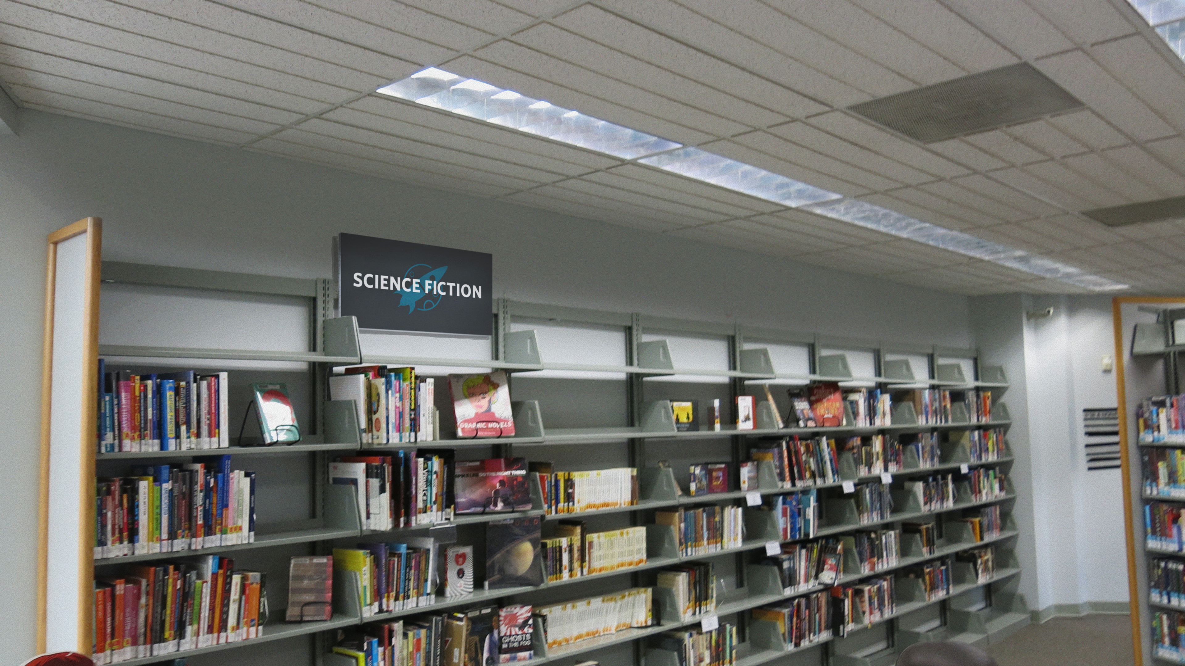 Composited early design onto the walls of the library.