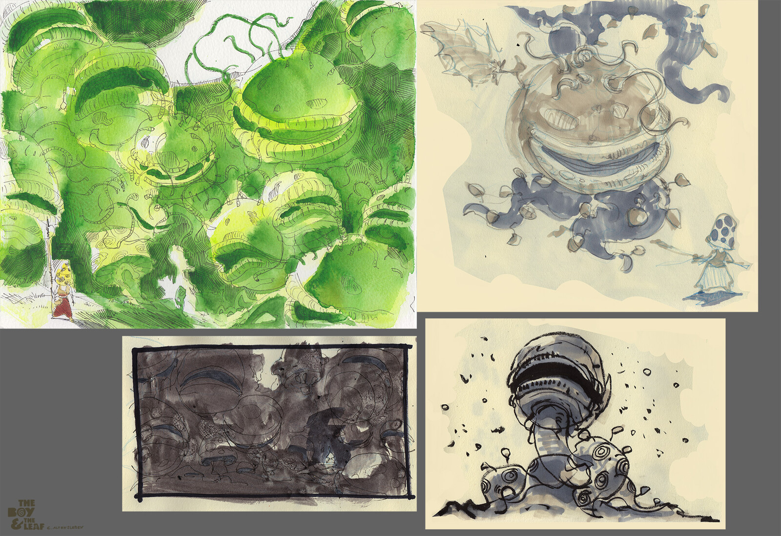 sketches with ink, marker and watercolor