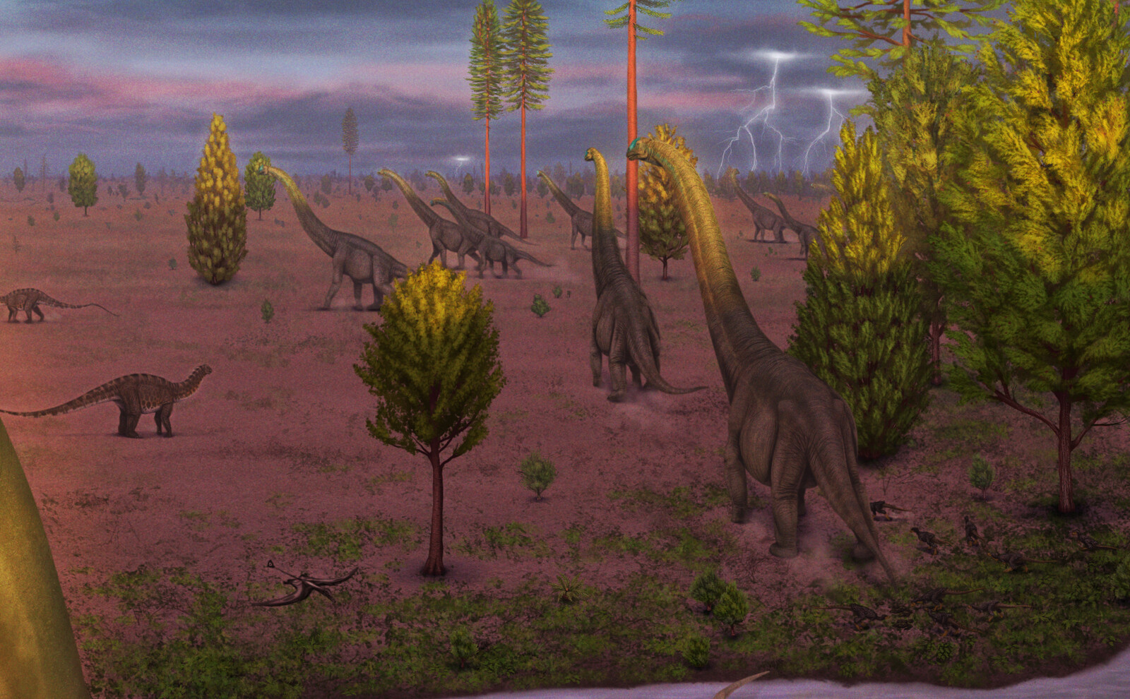 Group of Giraffatitan. Some Dysalotosaurus follow one of them, and a Dicraeosaurus watches from the left. The rain is approaching