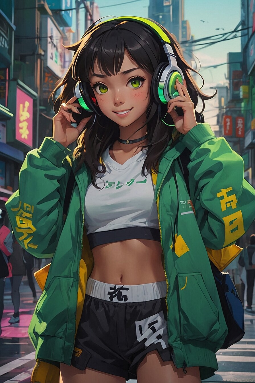 ArtStation - A portrait of a Japanese anime cosplay girl with headphones  poses on the city street