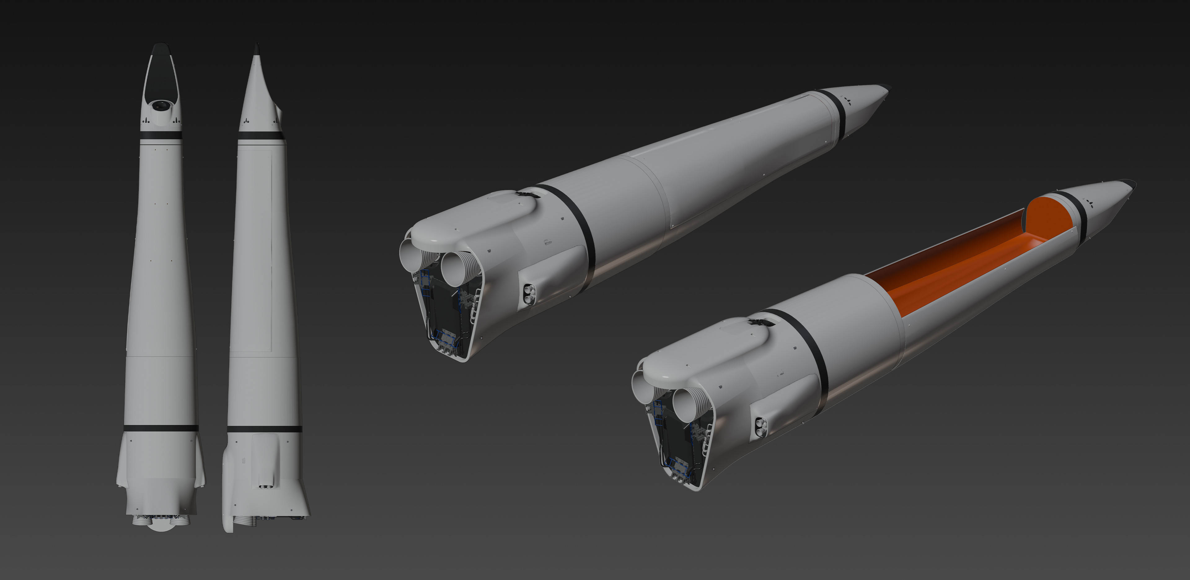 stage 3 (orbiter) notice the slight tilted angle of the thruster nozzles; this is adopted from the space shuttles for the asymmetrical center of thrust