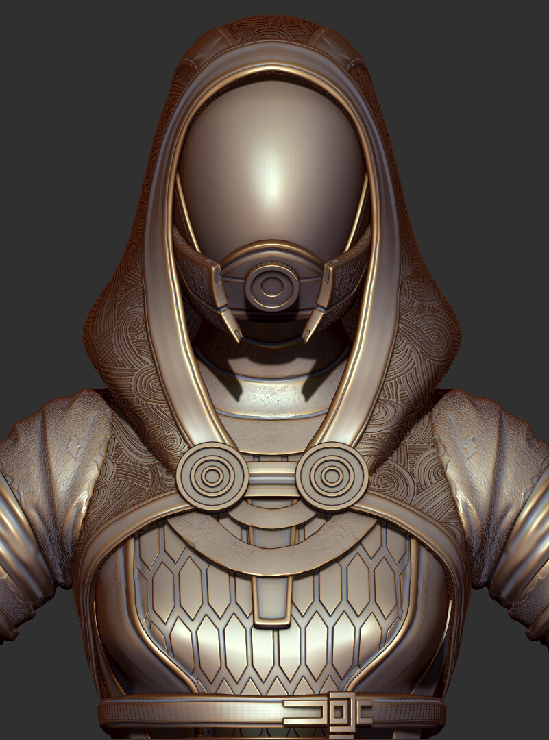 ZBrush viewport. Hood and helmet close-up.