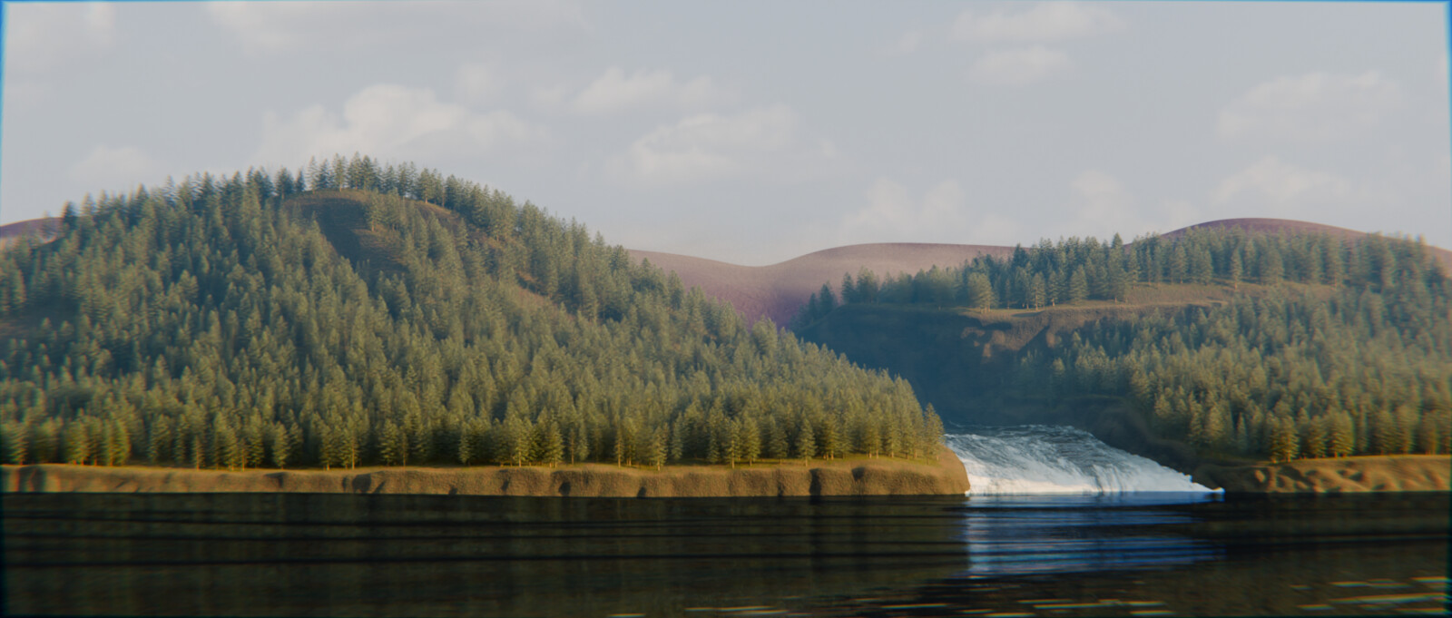I replaced the original tree object with a collection of 3 new trees of varying proportions. I also added a color ramp and noise texture to the river to add some extra white water and foam where it flows into the body of water.