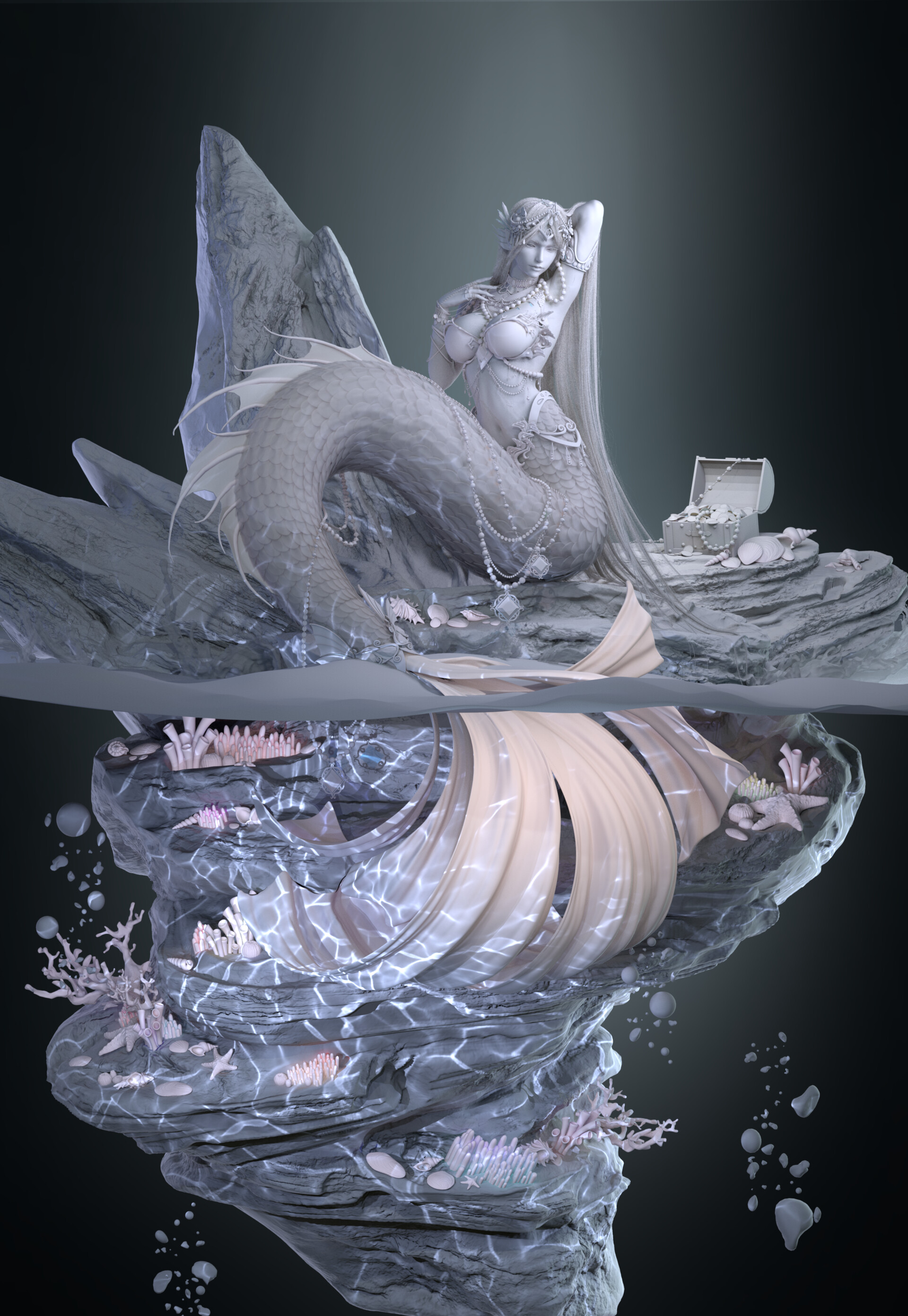 ArtStation - Mermaid-鲛珠泪-under water, image size:1920x2783