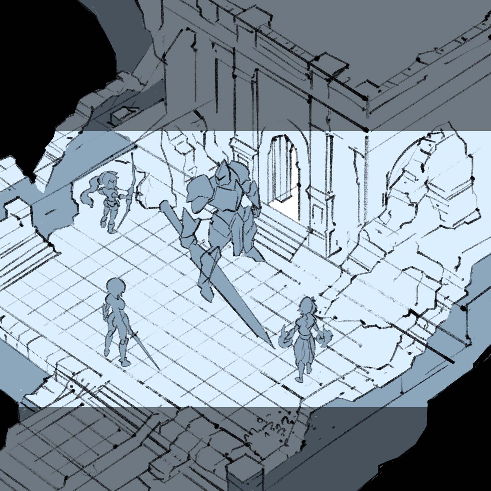 First Draft Sketch - A classic RPG composition- Tank, DPS, Support. Ended up replacing the wizard support character with environmental elements, to both show spacing between characters and to finish this test on time.