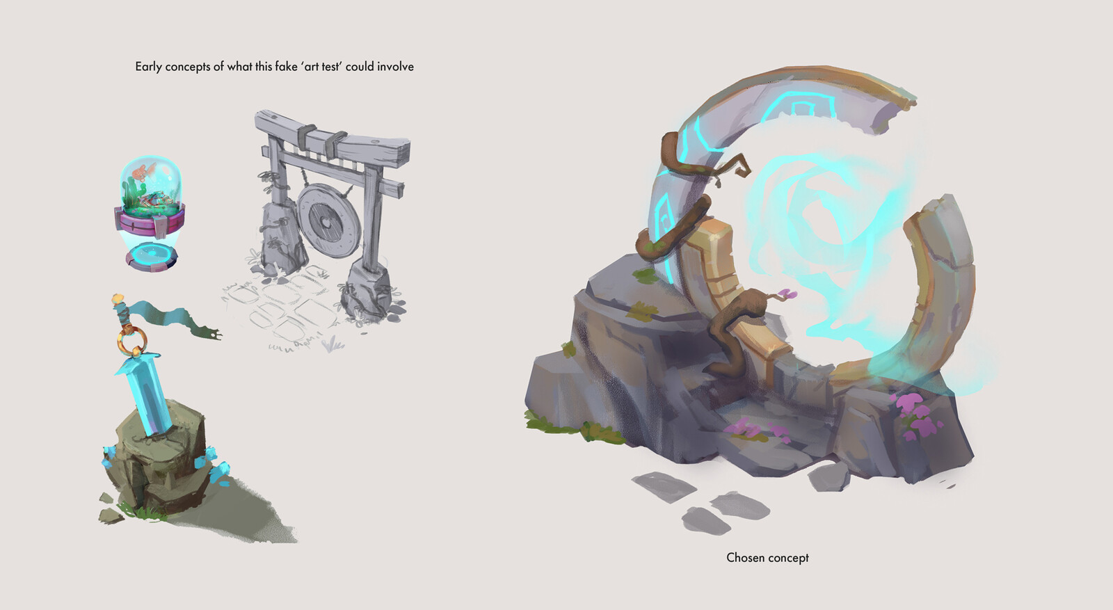 My initial concepts I painted. The idea was to create something where I had to work with metallic materials, stone materials, and organic shapes. Ultimately settled on the portal as a way of making something with enough complexity to test with