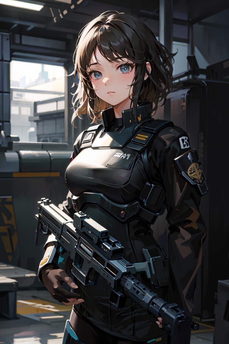 An anime girl wearing a swat police uniform with a machine gun by thewirdz