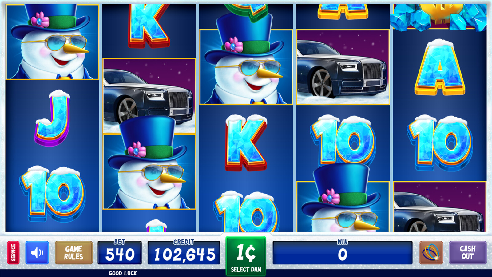 Main screen. Snowball symbols are WILDs that start from the bottom position. Each spin they roll up one space, and increase by +1x multiplier for line wins, to a maximum of 3x.
