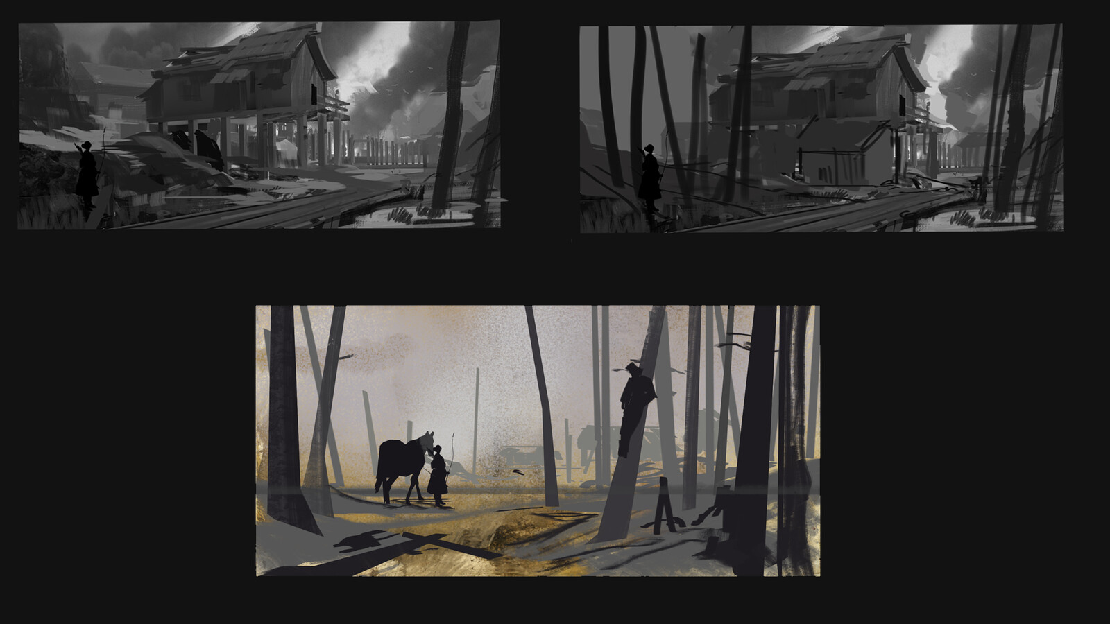 The original thumbnails. I initially was going to place the character directly in the scene of the burnt out village. I instead decided to pull back to the scene prior, as the character discovers the village in the distance.