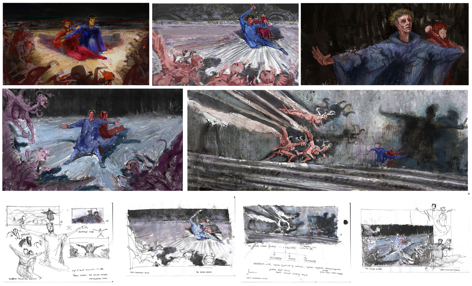 went through a few options here before settling on 3 and 5, first a wide shot (stylized) and then close up. 
Something very simple to get down first was the pose -- what is a fear/cowering pose? what is protect mode pose?