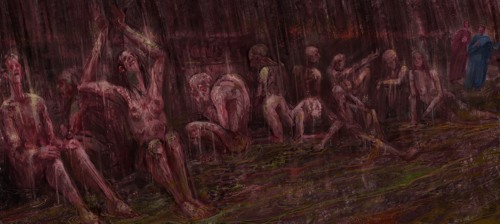 the freezing storm of filth raining down on GLUTTONS in the 3rd circle