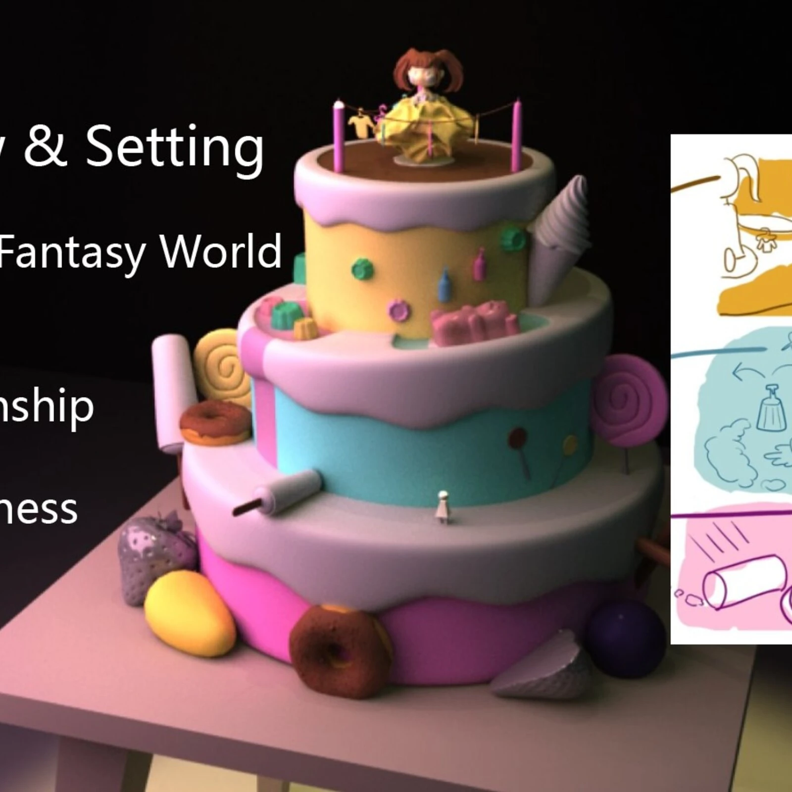 Concept Artist - 3D Cake Sketch, captured from P3 with attached information (all aspects, except the model of the daughter provided by the director)