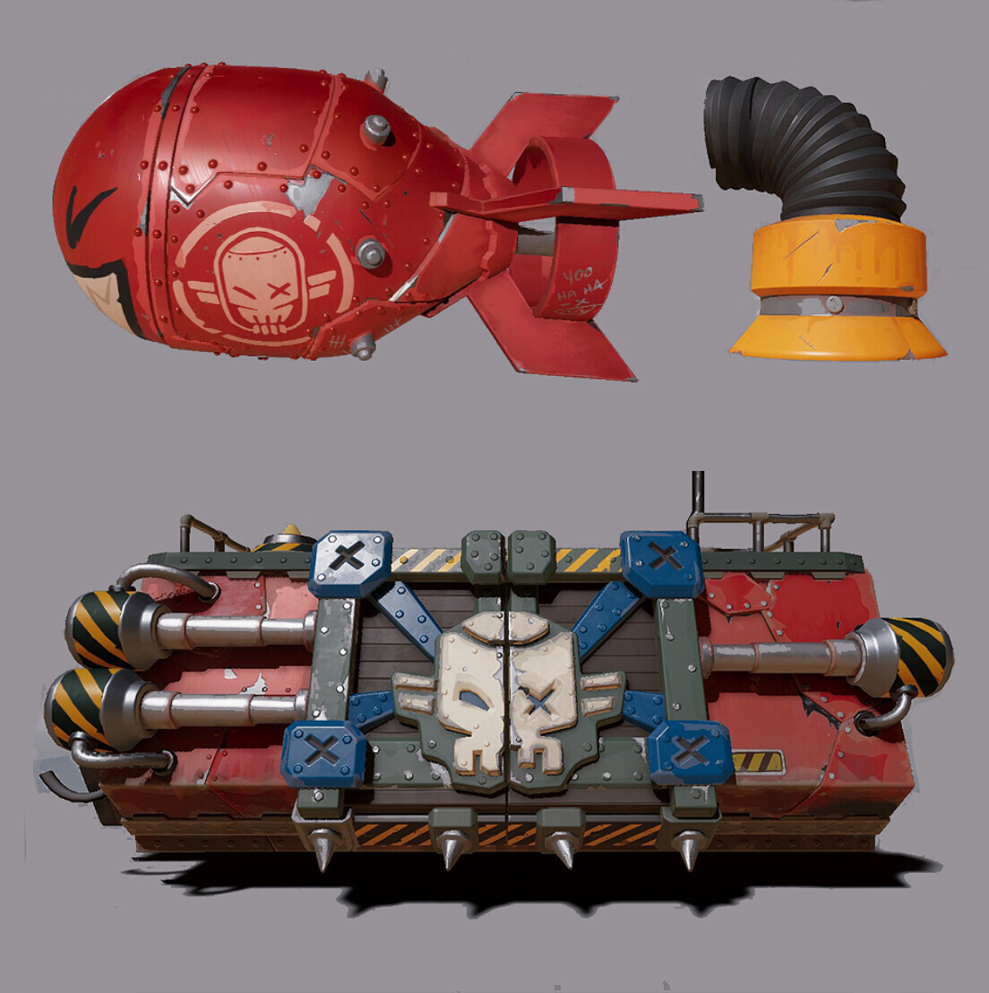 I did the texturing and material creation according to AD's vision for these props. There is normal maps and baking involved with this texturing pipeline. The texturing is based more on PBR here. 