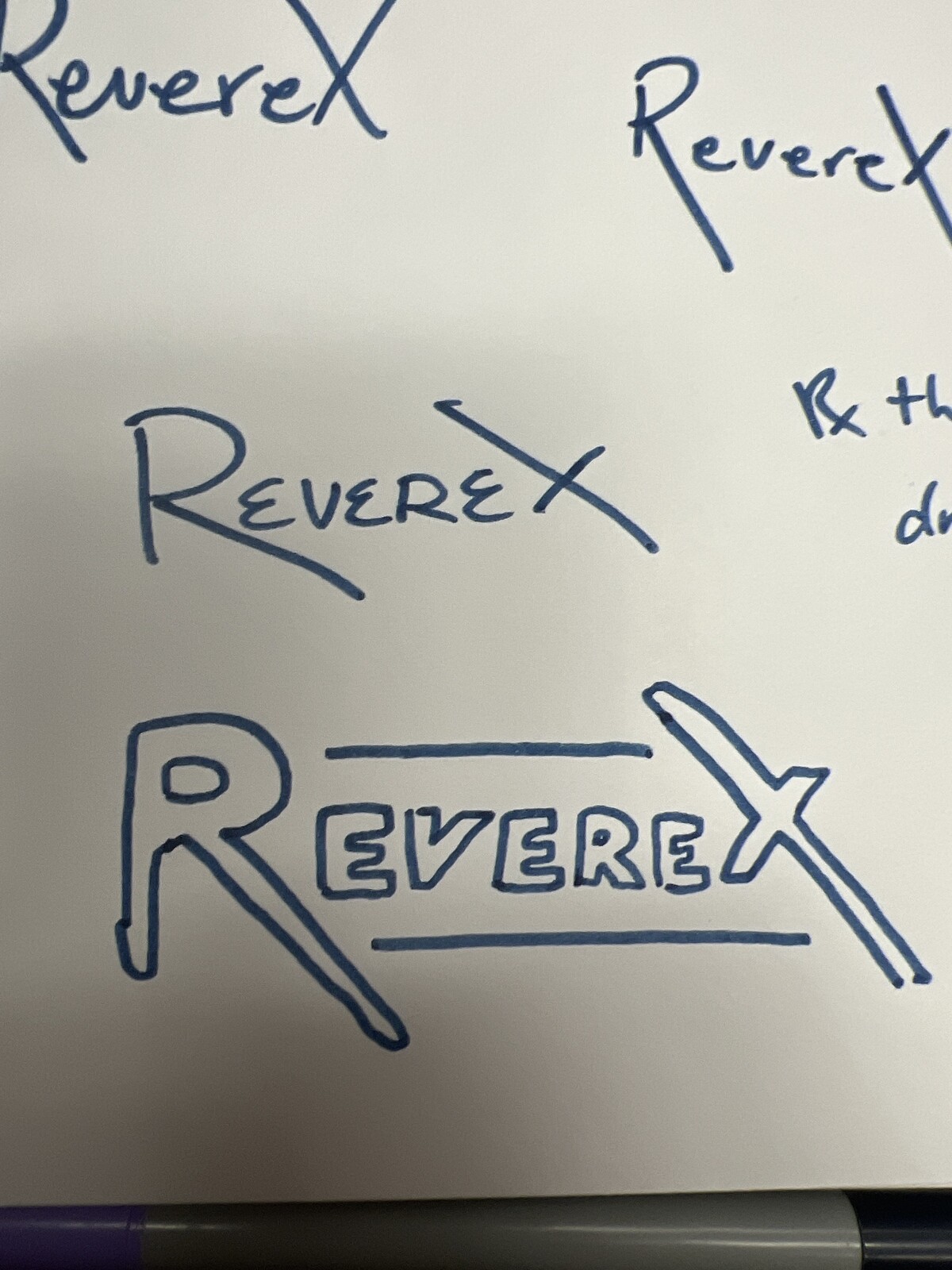 First pass of REVEREX logos, where the Rx motif was established, and capitalization and lettering conventions were established.