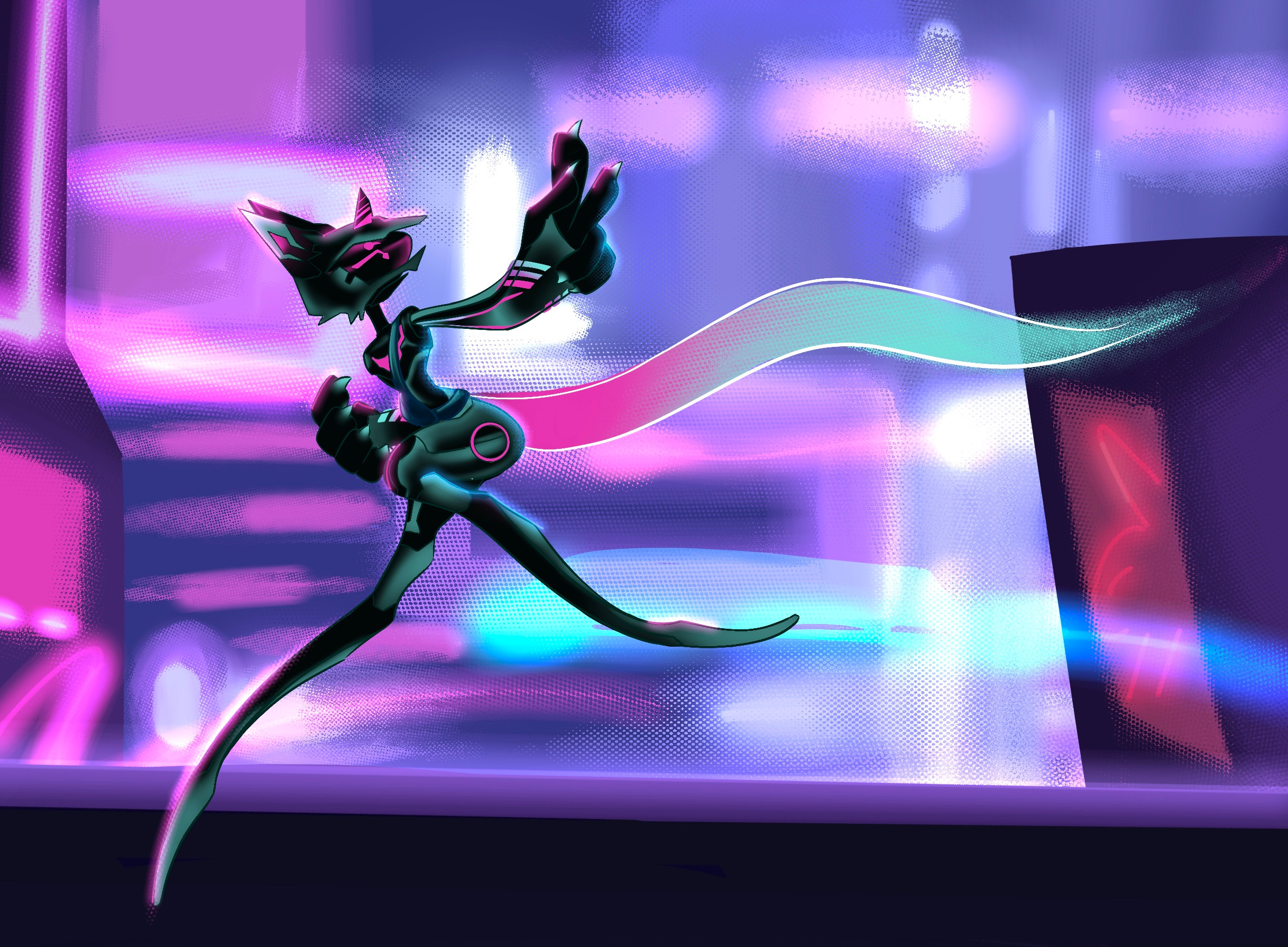 Simulated city background as the character runs away from something off screen. 