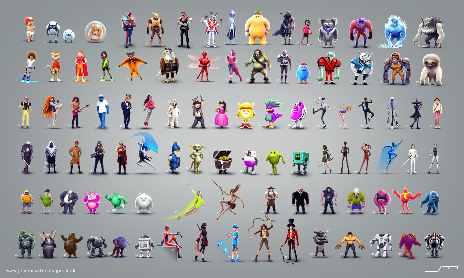 Character concept thumbnails sheet.