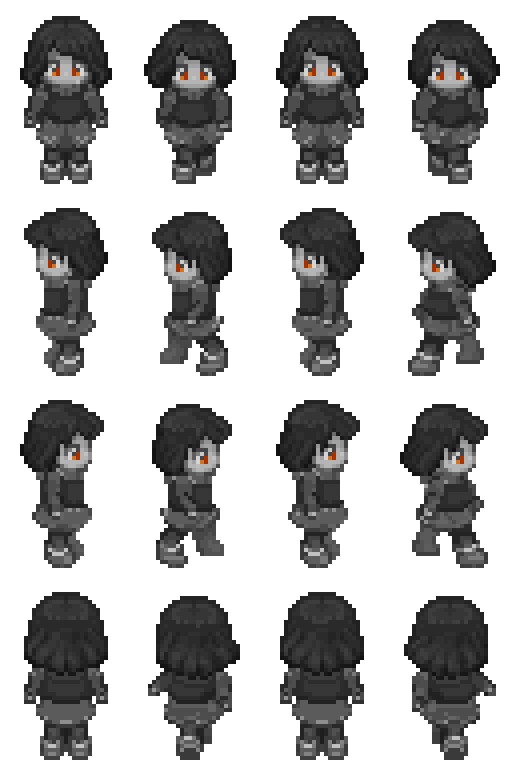 Alternate sprite sheet for Lucia, featuring a monochrome palette aside from gold eyes.