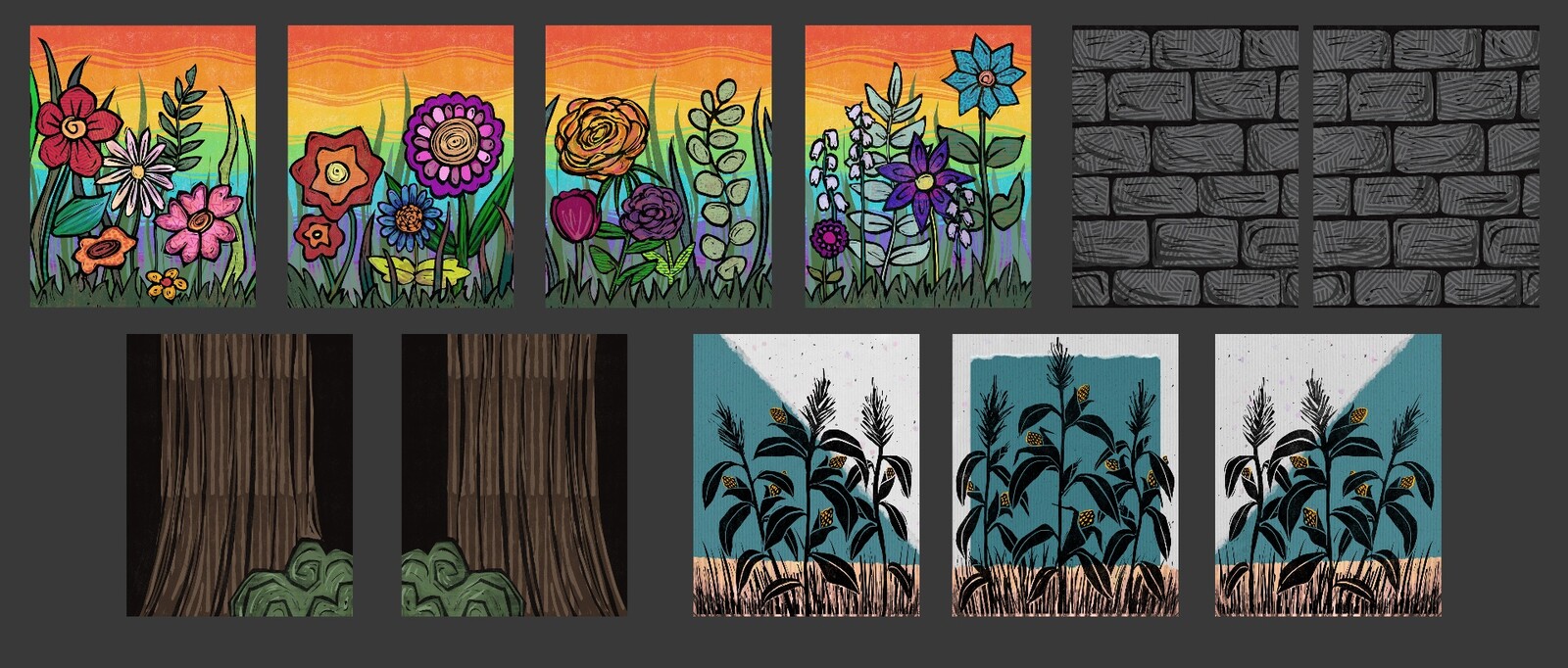 Designs for set pieces that were printed and mounted, measuring 4x5 ft 