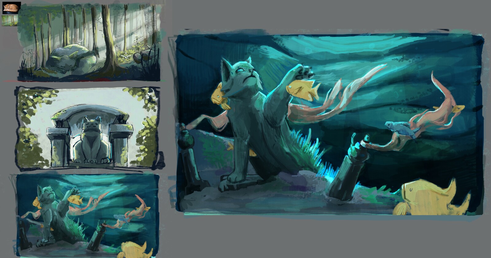 Initial thumbnails of different environments with the element of a cat statue highlighted