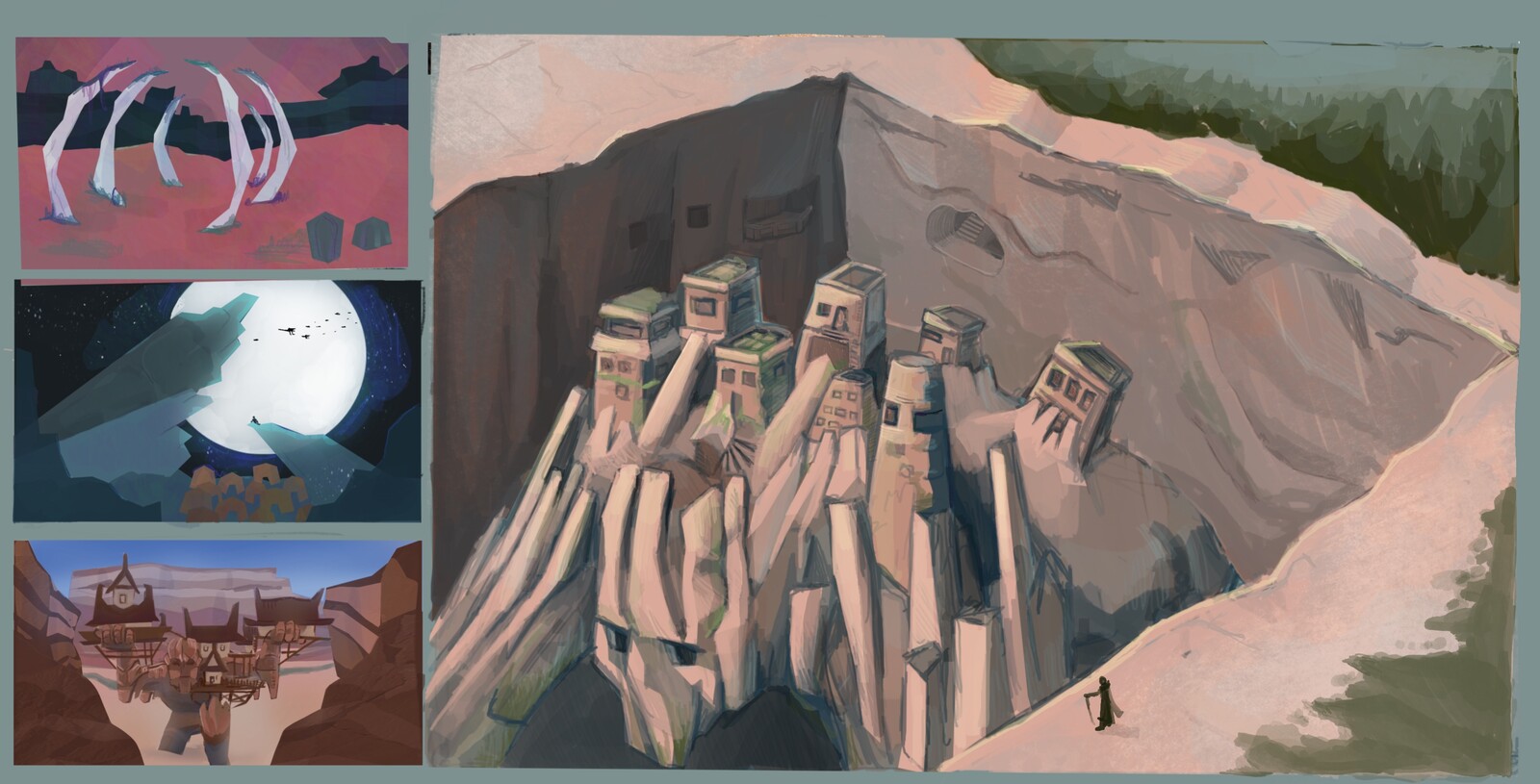 Initial quick thumbnails of different landscape compositions