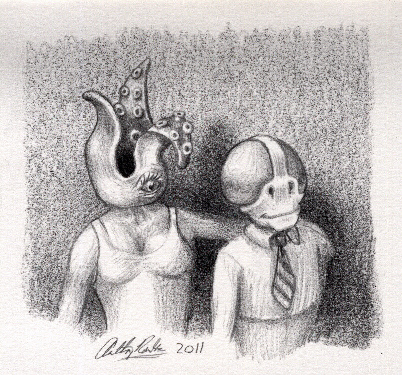 Happy Monster Couple
pencil
From the very 1st moment he met her, he was transfixed by her single, languid eye. She was attracted to his short stature and large, silky-smooth eye lens coverings. Even though he finds it tickles too much, he lets her lick it