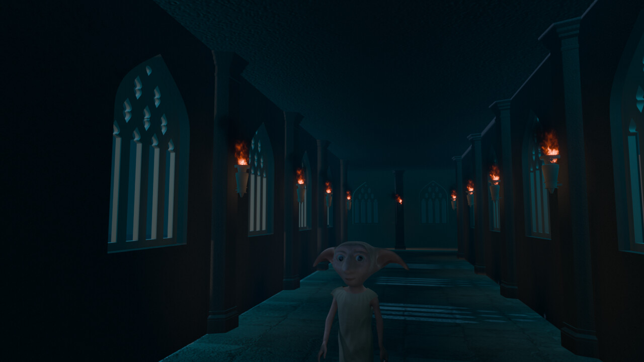 ArtStation - Dobby in Hogwarts hallway.