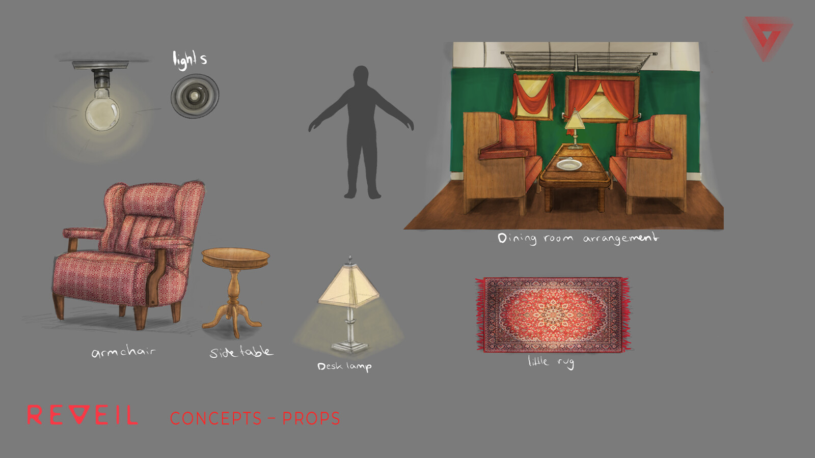 concept art for props in the pie car