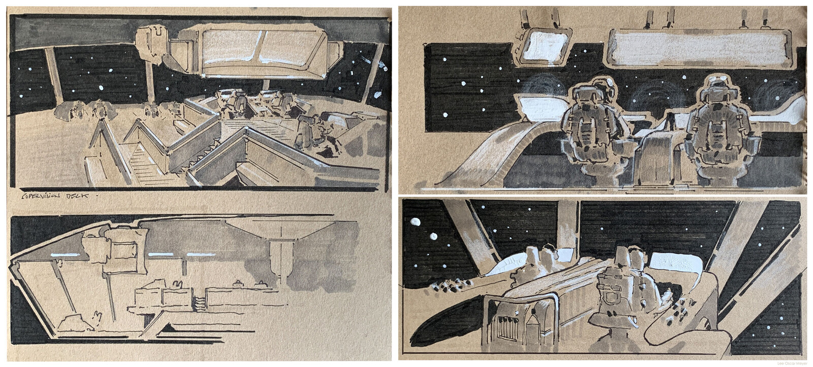 Paper, where it usually all starts. Top left is inspired by Ron Cobb's art for Alien