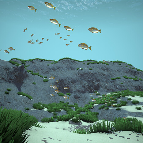 10k fish are generated per chunk on the underwater biomes. There are 4 fish species. They follow the Boids algorithm and each perform a distance check to the terrain. Spatial Binning where 1 bin = 1 voxel helped with performance.