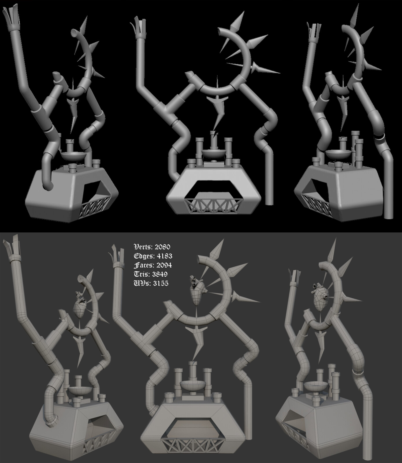 A high-poly render and a low-poly render, including the poly count of the alter.