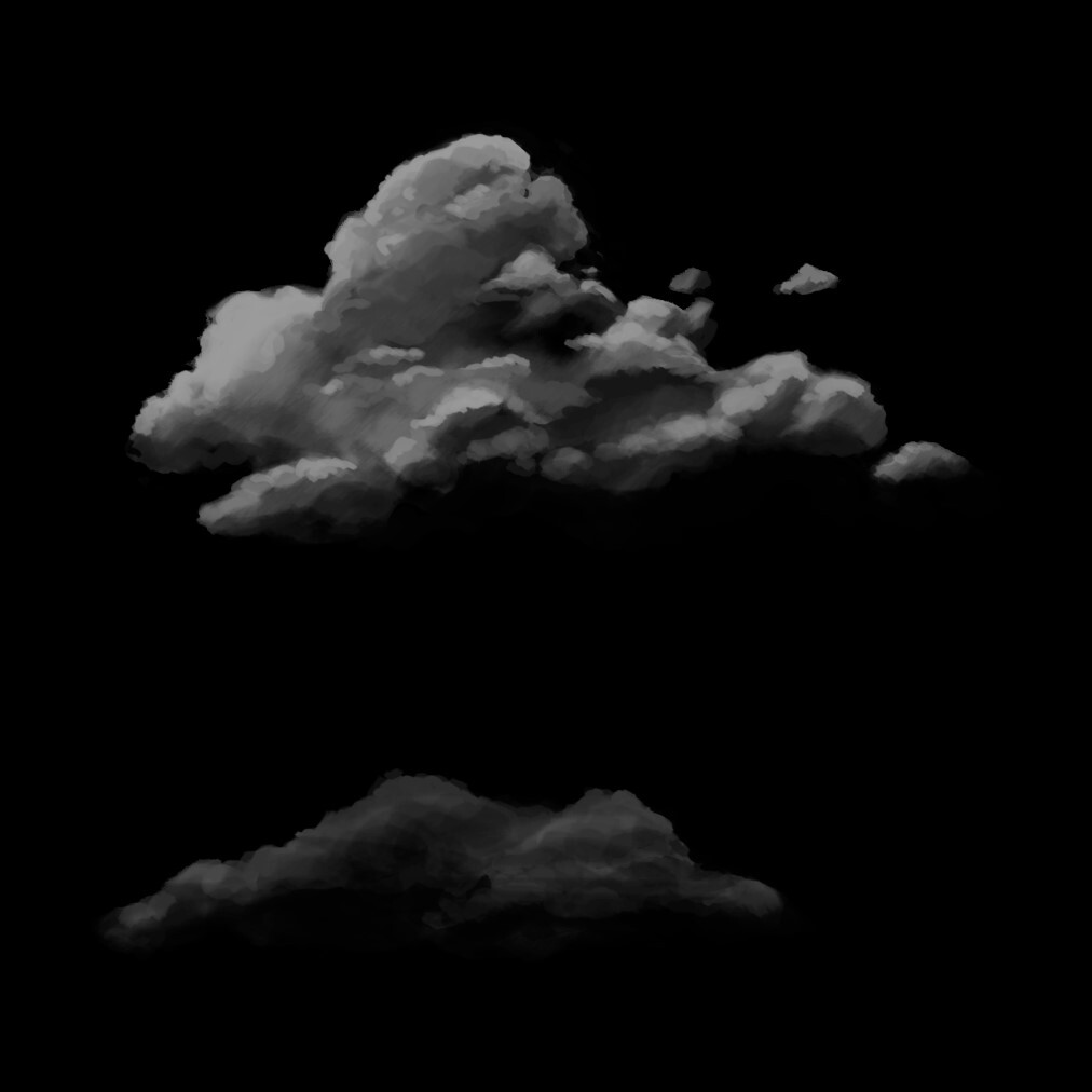 Clouds hand painted in Photoshop and used as an opacity mask.