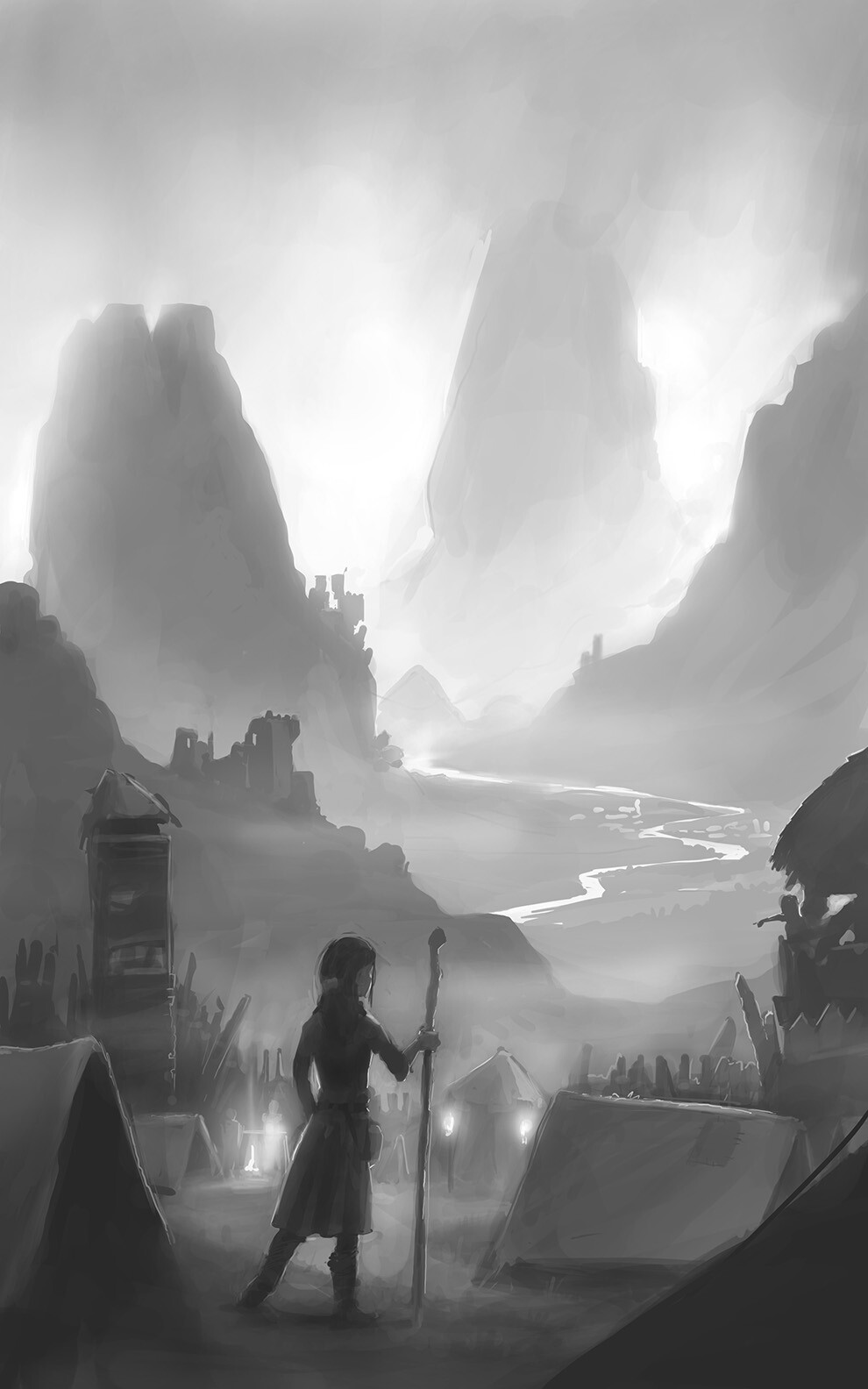 Morshan has war, and Sian finds herself in the middle of the struggle. With this illustration of her first entering the camp I wanted to push the mood. With a feeling of distance and Sian's smallness in the story.