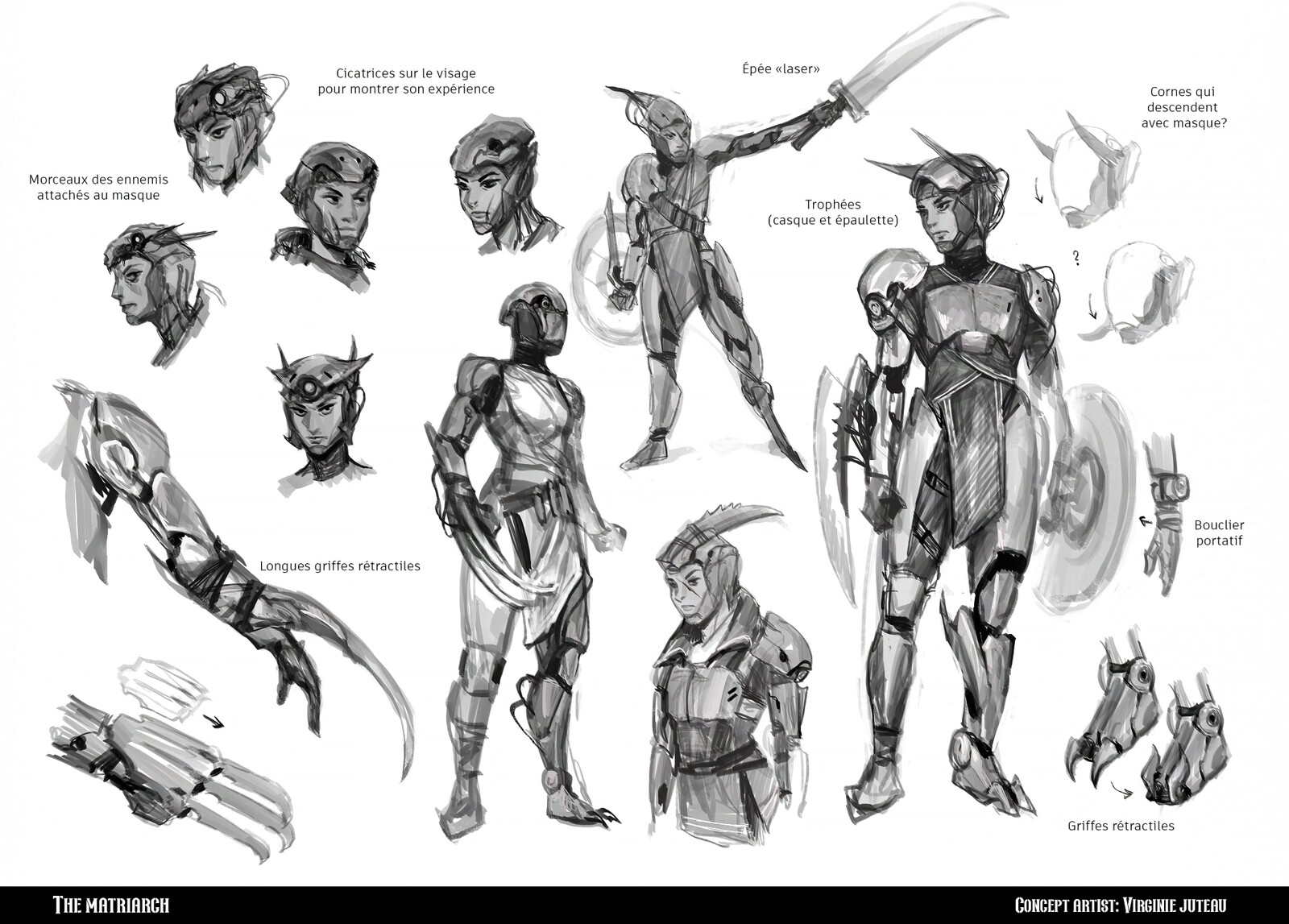Early sketches for the character. I went a bit freeform and explored some ideas that I had. The designs were too similar to knights so I changed direction afterward. Sorry, notes are in french!