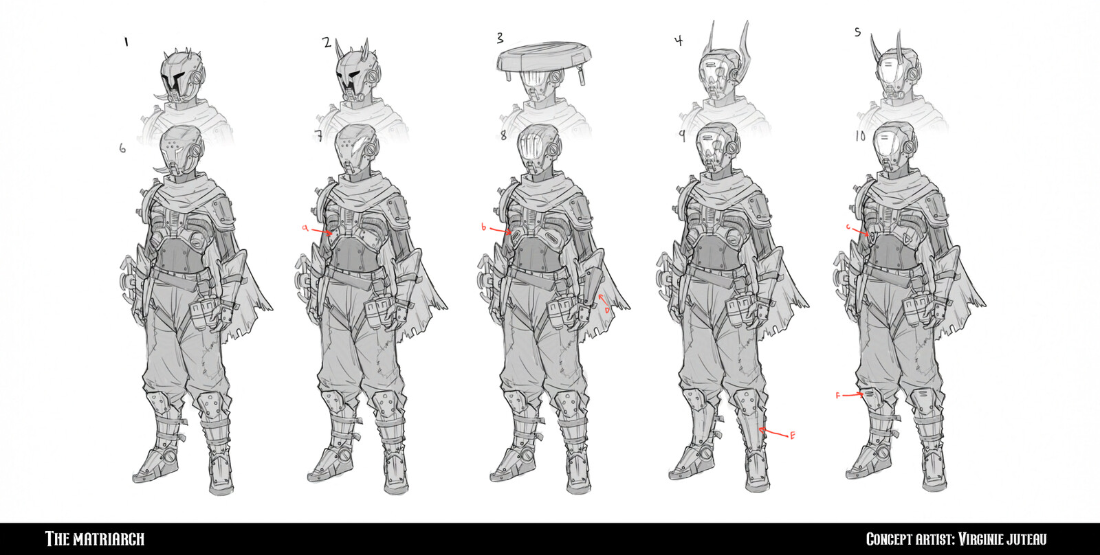 A few doodles later, we gave her a look that was easier for rigging and gave her more cloth material. I tested some head shapes, but we ended up with something closer to a crest.