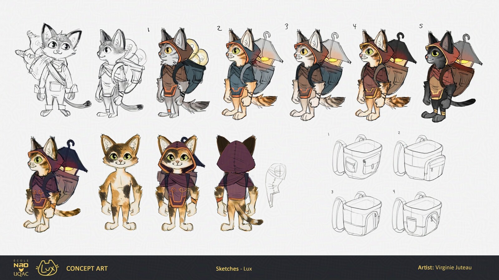 Preproduction sketches of Lux, the main character of the game. I wanted it to look friendly and cute. Lux has a backpack to transport lanterns, which is an important part of the game mechanic.