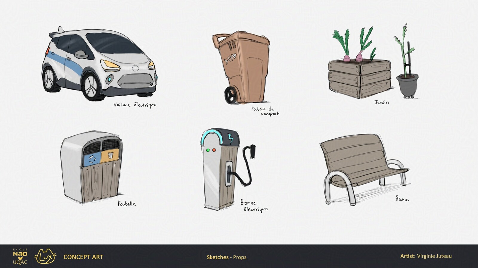 Preproduction sketches of props.