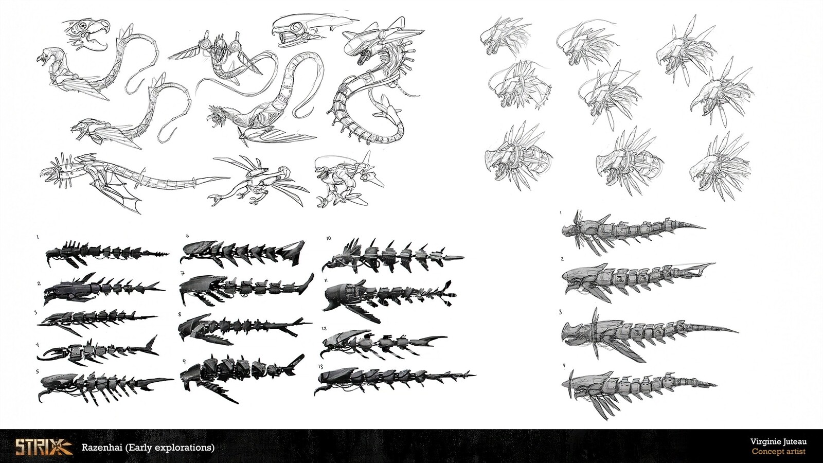 In the early iterations, Razenhai looked like a feathered Mayan snake. We wanted to stay closer to the diesel punk thematic and used WW2 fighting aircraft as inspiration, especially the Stuka.