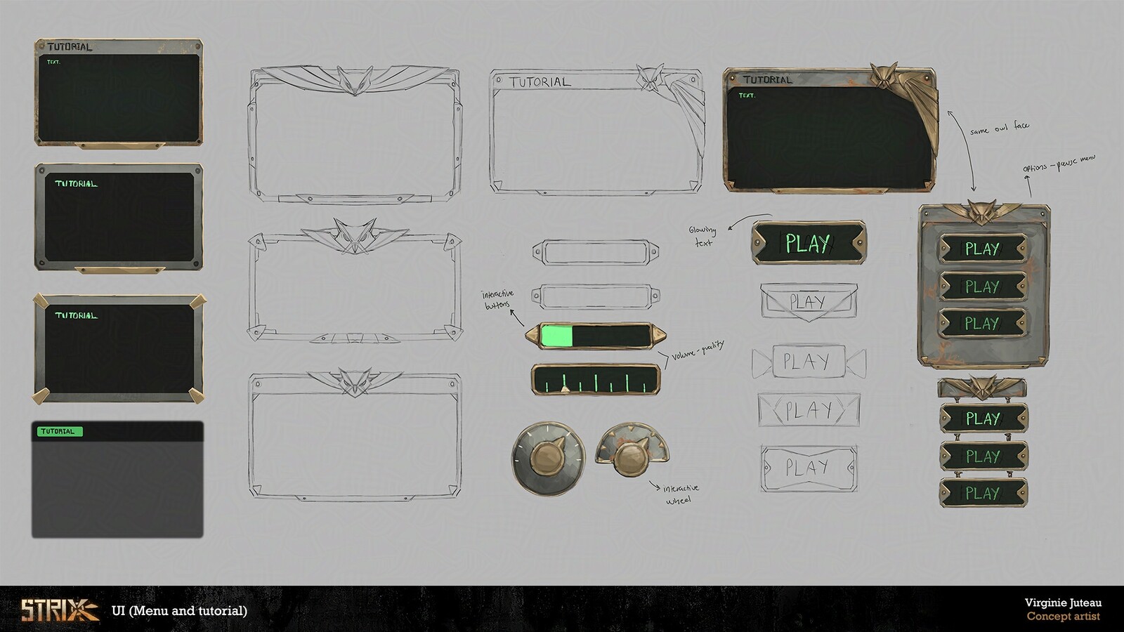 UI designs for the tutorial panels and menu buttons. I added the iconic owl to make them less industrial and closer to Nickela's taste.