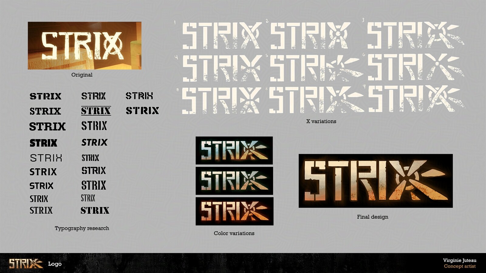 Some explorations for the logo of Strix. We wanted the X shape to be integrated into multiple in-game designs. It represents a gun aim, an explosion, and Razenhai spikes.
