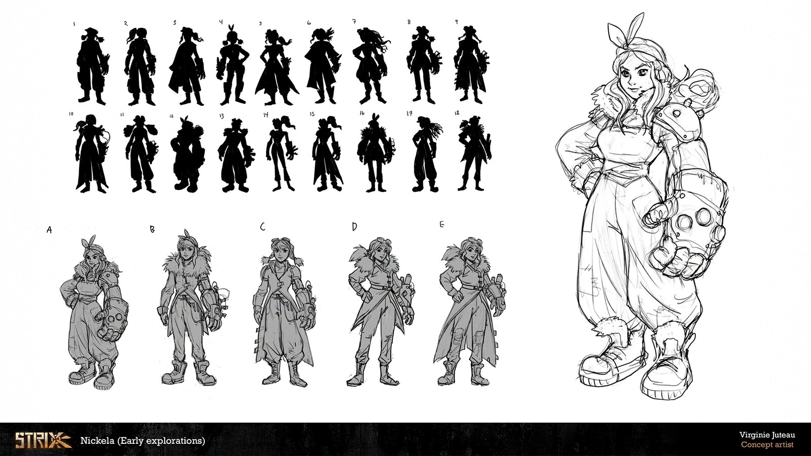 In our first explorations, Nickela was only a mechanician. We liked the idea of giving her a more military look, so we followed that path. She was also very cartoony, but the final design was adjusted so that it fits more with the environment.