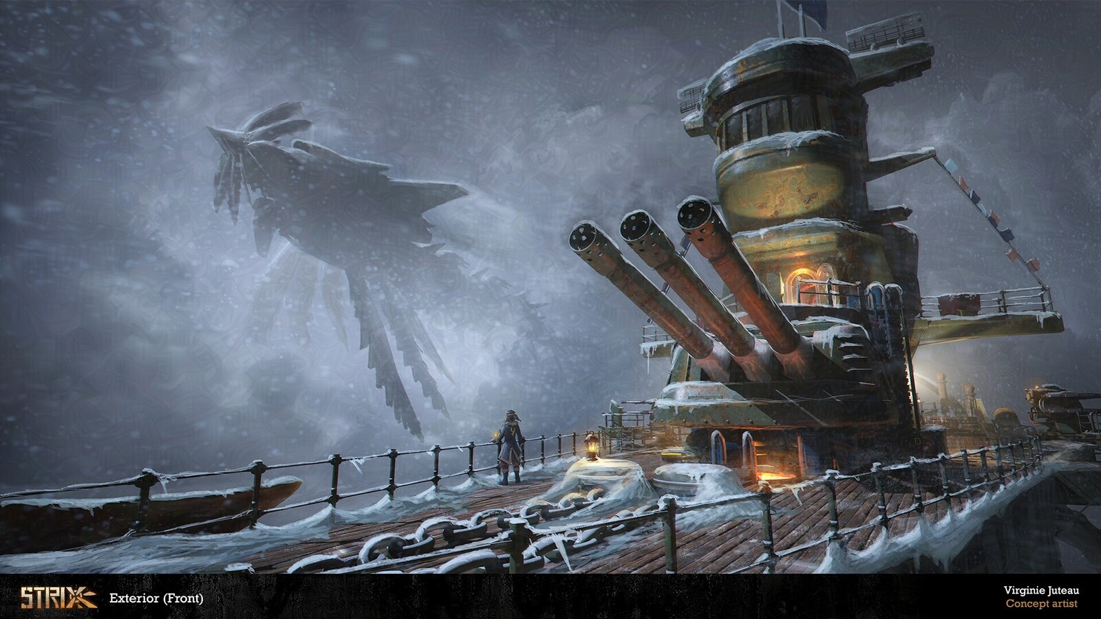 Paintover for the front exterior of the ship. I wanted to show the size and look of the creature in the environment and showcase the overall mood. The environment is winterly because, in the story, the world is going through a nuclear winter.